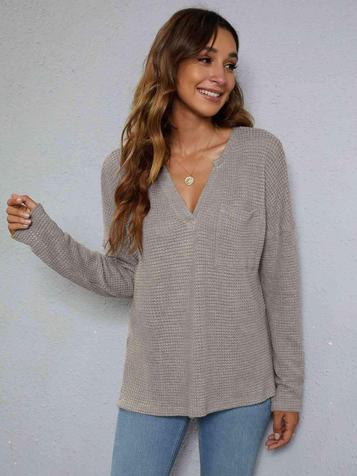 Dropped Shoulder High-Low Waffle-Knit Top Blouses - Tophatter Daily Deals