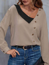 Asymmetrical Neck Buttoned Long Sleeve Top Women's T-Shirts - Tophatter Daily Deals