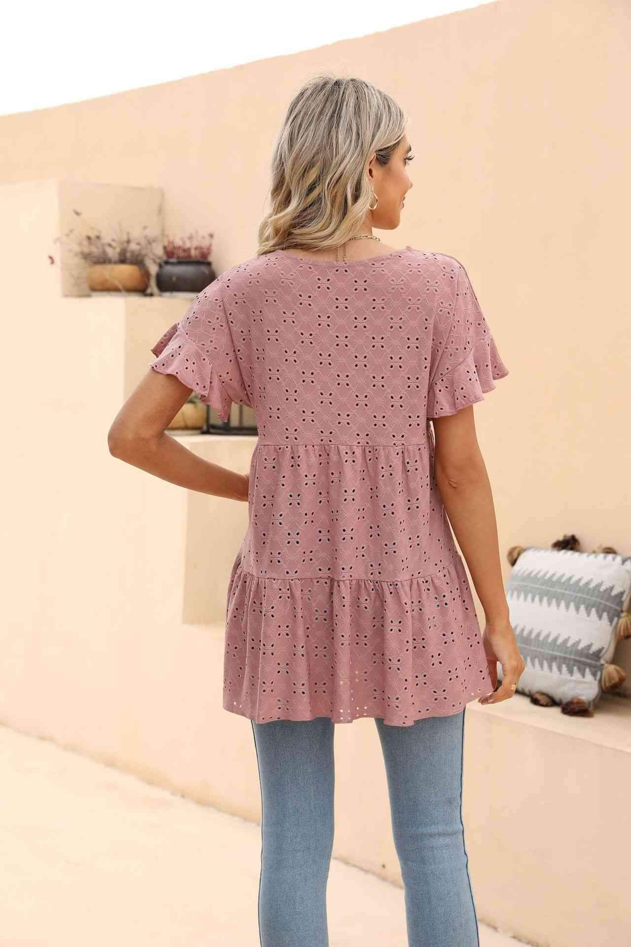 Openwork Round Neck Flounce Sleeve Blouse Blouses - Tophatter Daily Deals