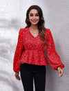 Floral V-Neck Balloon Sleeve Peplum Blouse Blouses - Tophatter Daily Deals