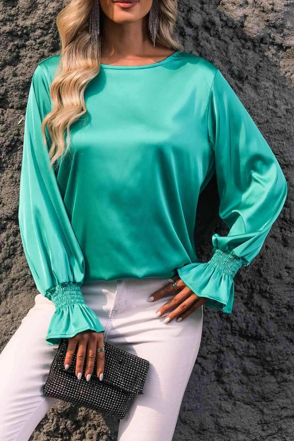 Flounce Sleeve Keyhole Blouse Blouses - Tophatter Daily Deals