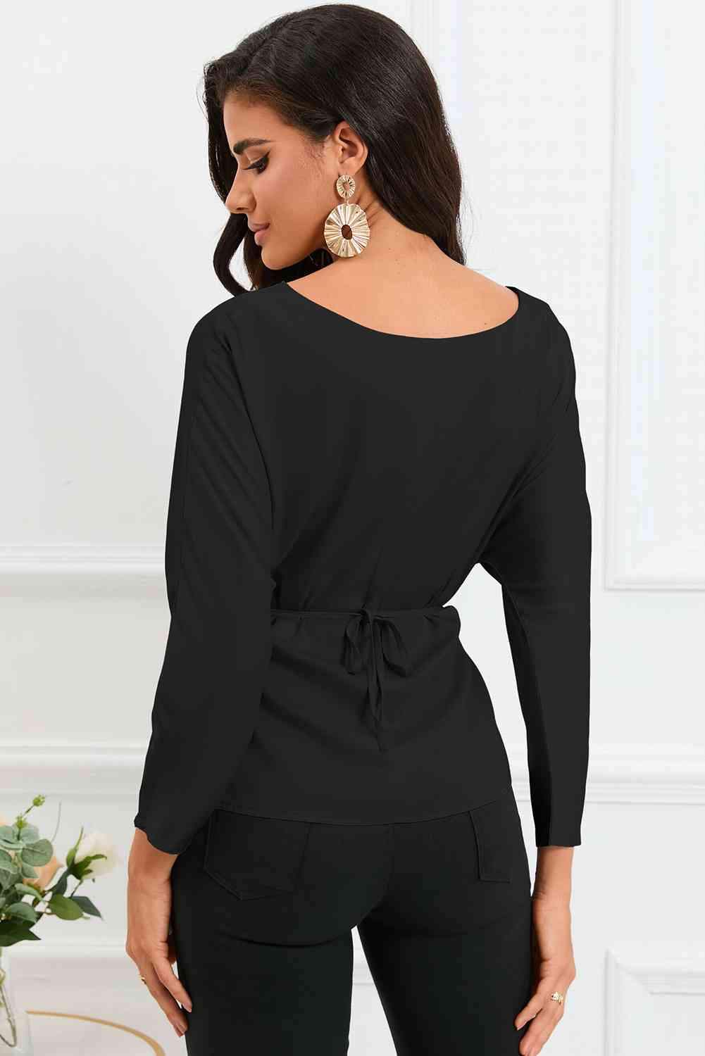 Boat Neck Back Tie Long Sleeve Satin Blouse Blouses - Tophatter Daily Deals