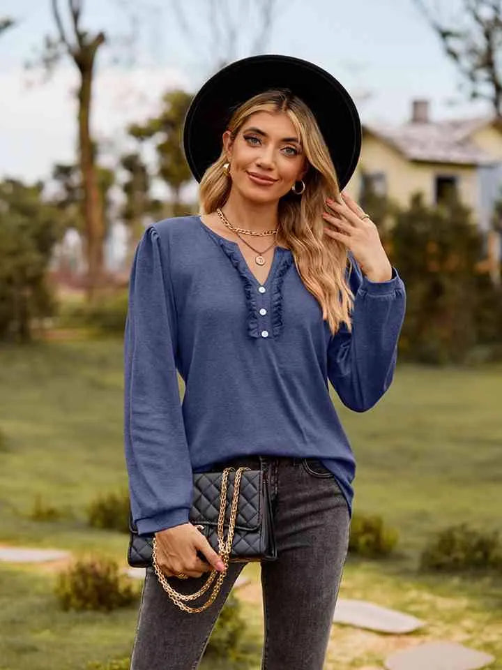 Puff Sleeve Ruffle Trim Blouse Navy Blouses - Tophatter Daily Deals