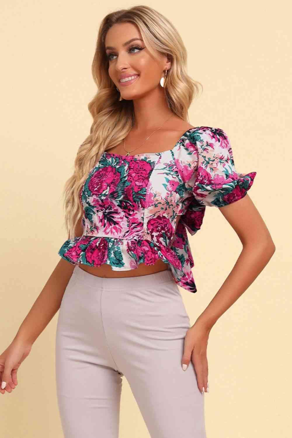 Floral Tied Cropped Peplum Blouse Blouses - Tophatter Daily Deals