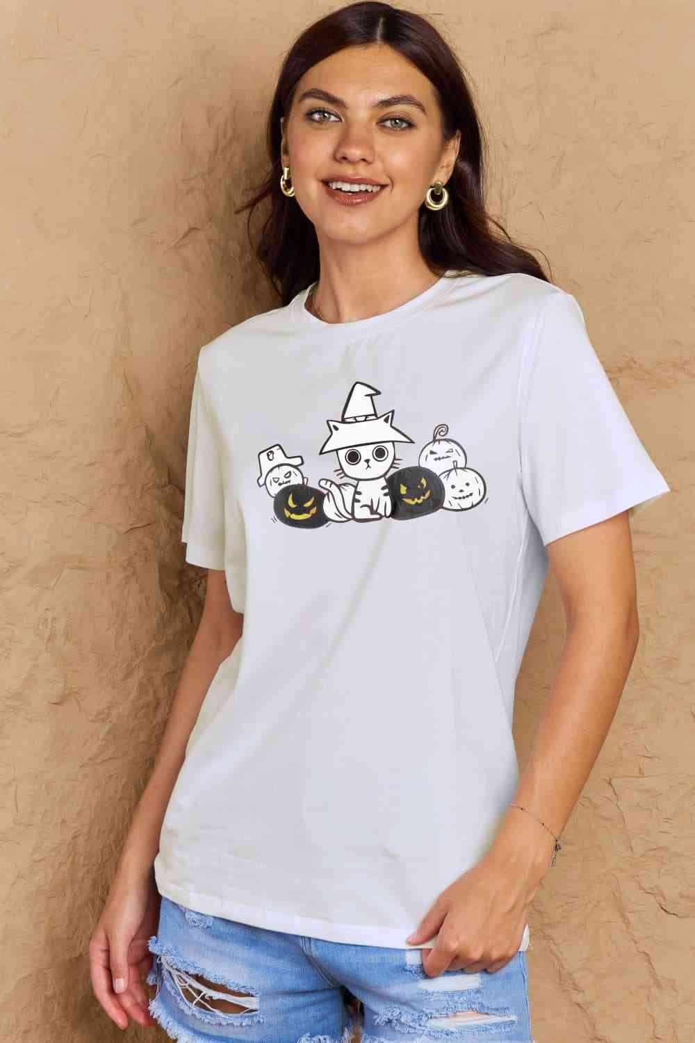 Simply Love Full Size Cat & Pumpkin Graphic Cotton T-Shirt Women's T-Shirts - Tophatter Daily Deals