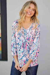 Printed Round Neck Balloon Sleeve Blouse Blouses - Tophatter Daily Deals