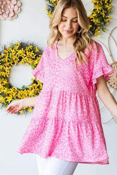 Heimish Full Size Leopard Ruffle Trim Short Sleeve Top Blouses - Tophatter Daily Deals