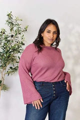 Culture Code Full Size Waffle-Knit Round Neck Long Sleeve Blouse Blouses - Tophatter Daily Deals
