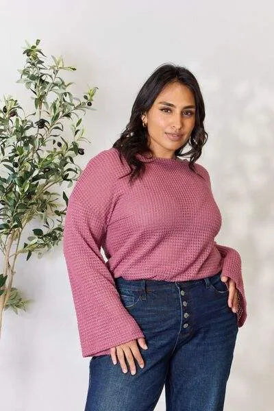 Culture Code Full Size Waffle-Knit Round Neck Long Sleeve Blouse Blouses - Tophatter Daily Deals