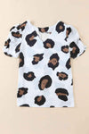 Leopard V-Neck Puff Sleeve Top White Blouses - Tophatter Daily Deals