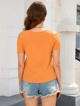Decorative Button Round Neck Short Sleeve T-Shirt Women's T-Shirts - Tophatter Daily Deals