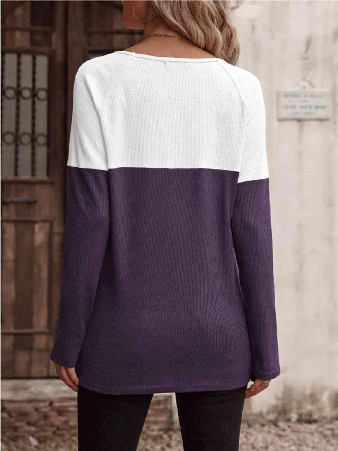 Contrast Round Neck Long Sleeve T-Shirt Women's T-Shirts - Tophatter Daily Deals