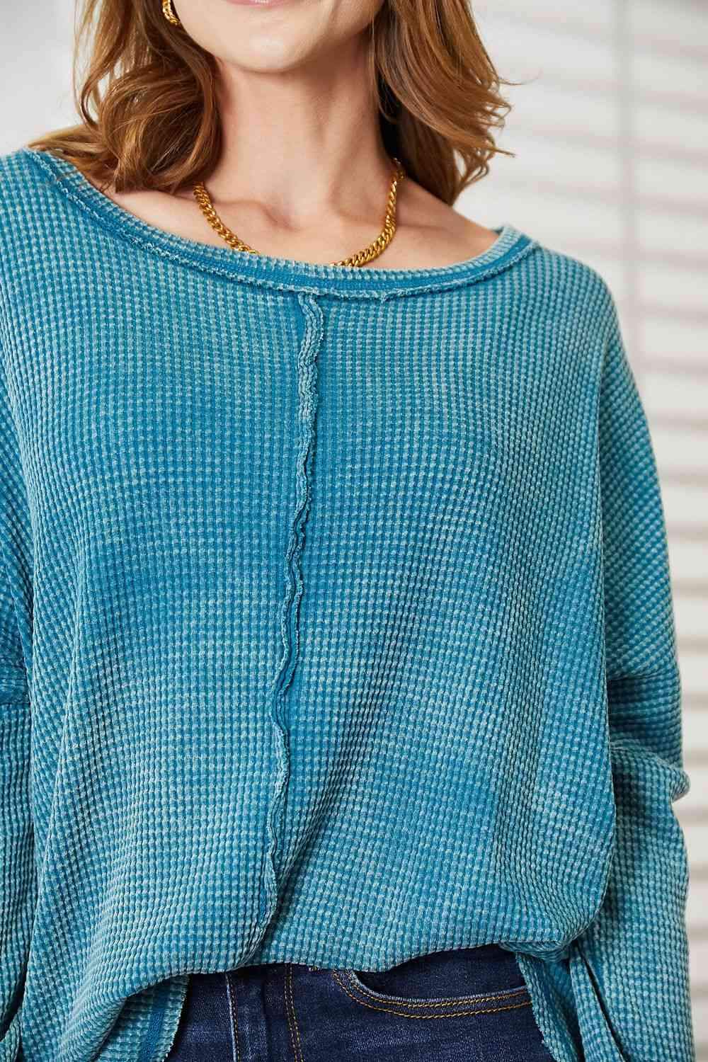 Zenana Full Size Washed Baby Waffle Oversized Long Sleeve Top Blouses - Tophatter Daily Deals