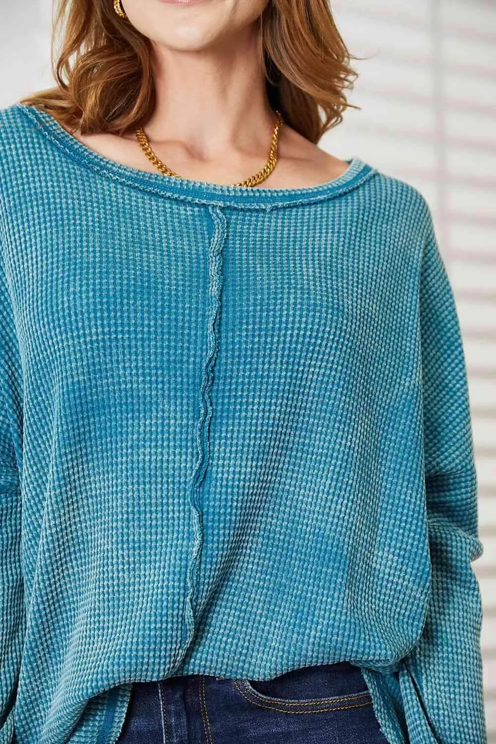 Zenana Full Size Washed Baby Waffle Oversized Long Sleeve Top Blouses - Tophatter Daily Deals