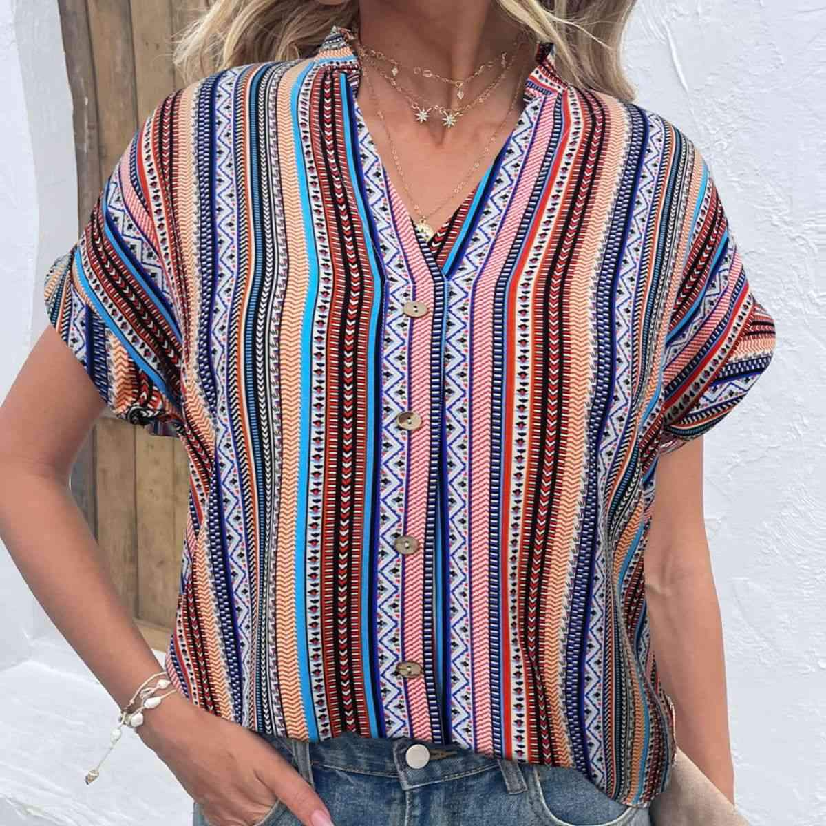 Multicolored Stripe Notched Neck Top Multicolor Blouses - Tophatter Daily Deals