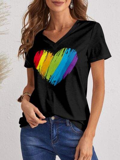 Heart V-Neck Dropped Shoulder T-Shirt Black Women's T-Shirts - Tophatter Daily Deals