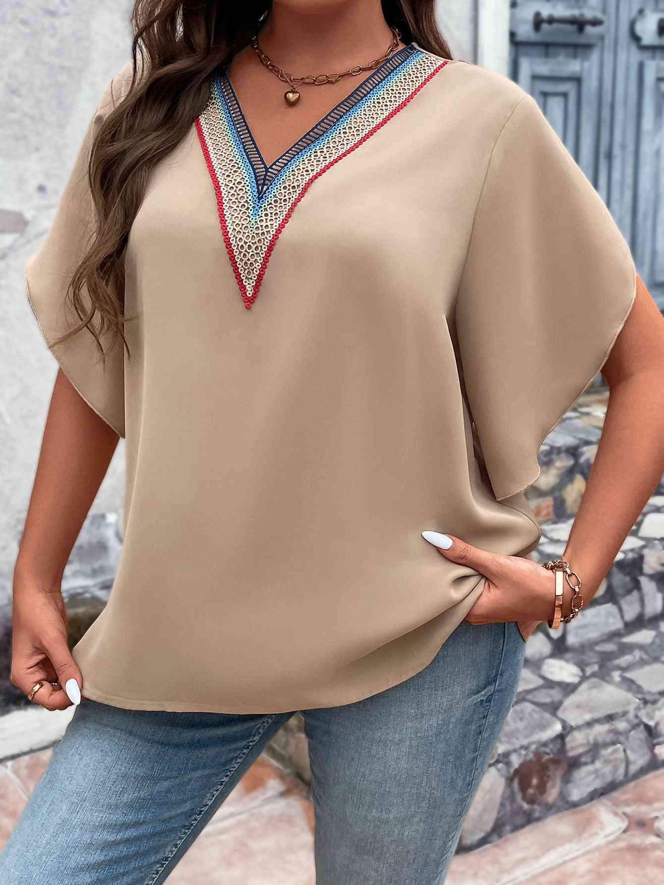 Plus Size V-Neck Flutter Sleeve Blouse Blouses - Tophatter Daily Deals