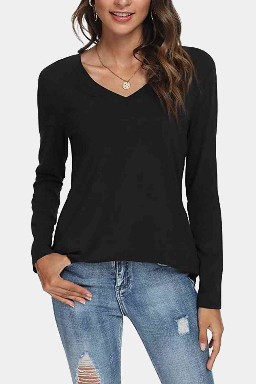 V-Neck Long Sleeve T-Shirt Black Women's T-Shirts - Tophatter Daily Deals