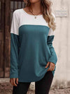 Contrast Round Neck Long Sleeve T-Shirt Teal Women's T-Shirts - Tophatter Daily Deals