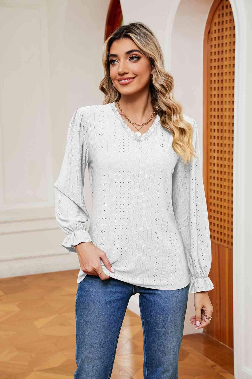 V-Neck Flounce Sleeve Blouse White Blouses - Tophatter Daily Deals