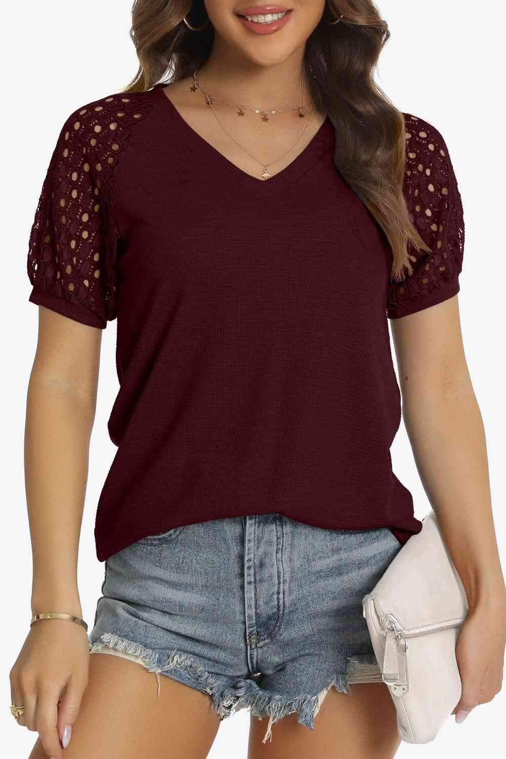 Short Sleeve V-Neck Tee Wine Women's T-Shirts - Tophatter Daily Deals