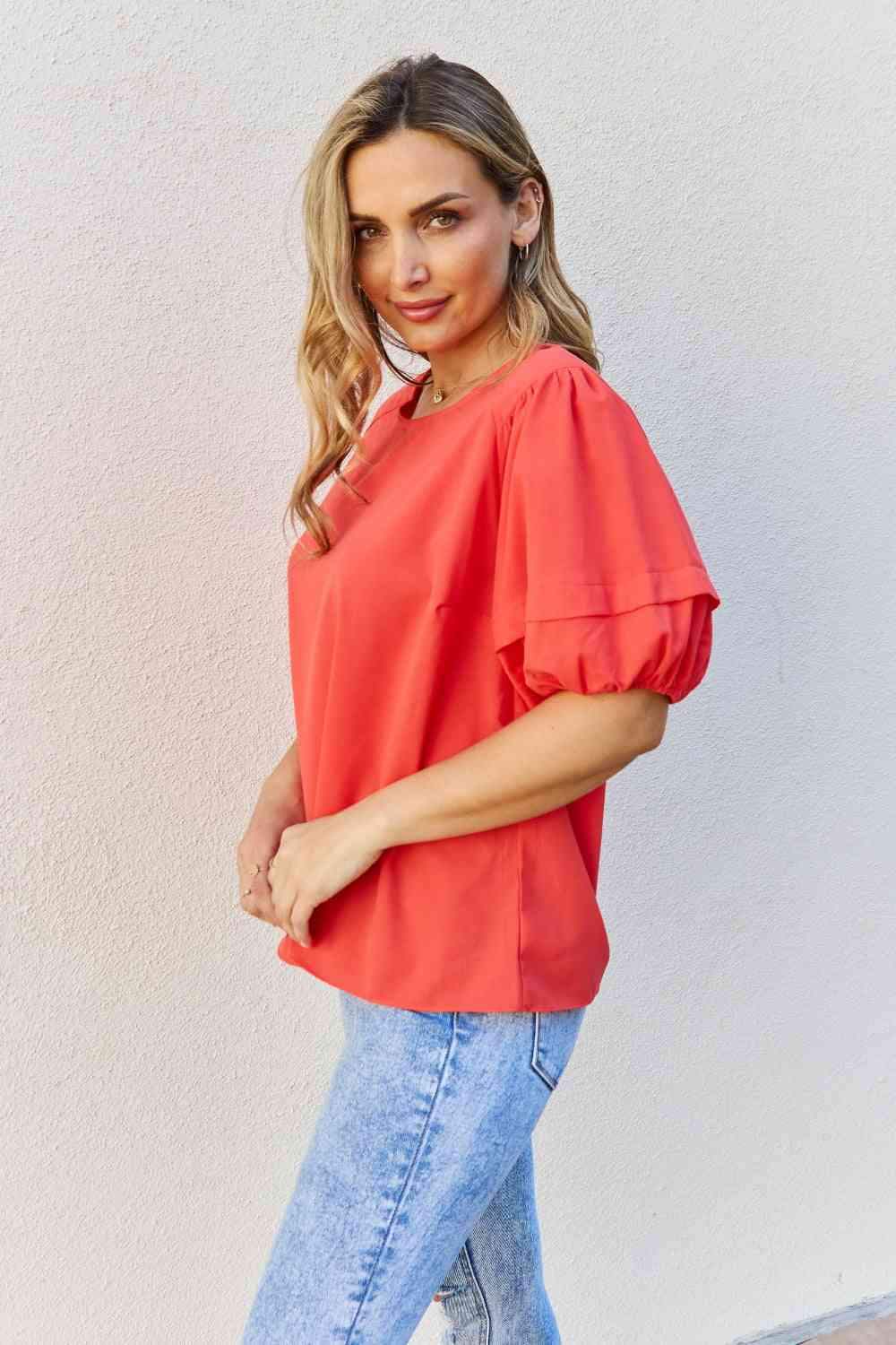 Petal Dew Sweet Innocence Full Size Puff Short Sleeve Top In Tomato Blouses - Tophatter Daily Deals