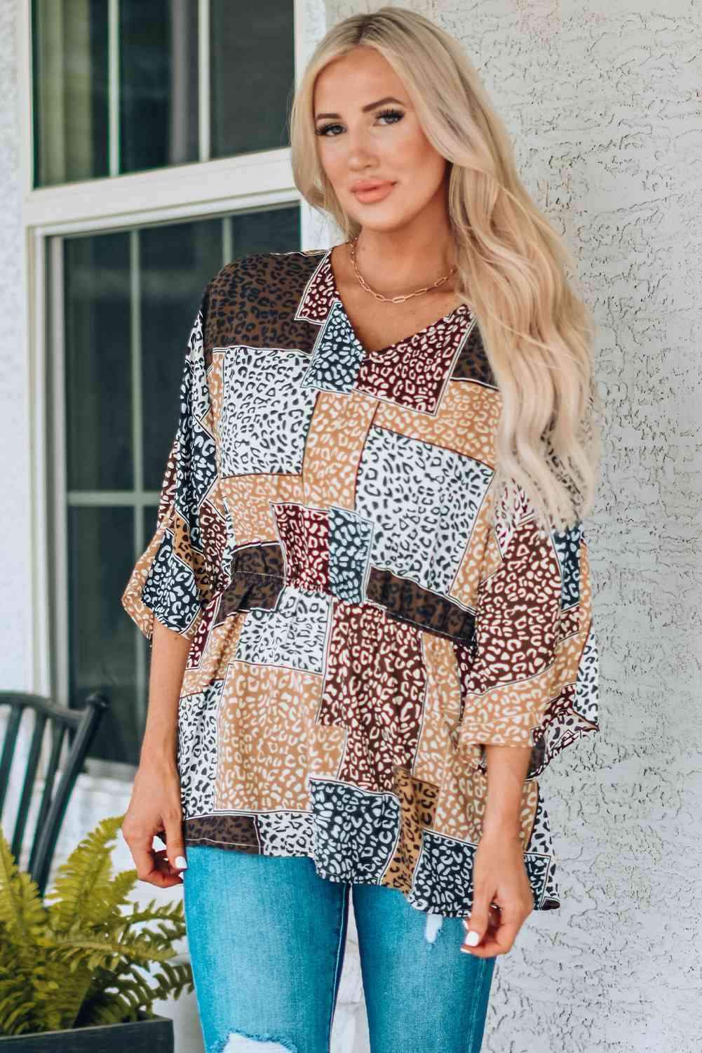 Leopard Patchwork V-Neck Top Blouses - Tophatter Daily Deals