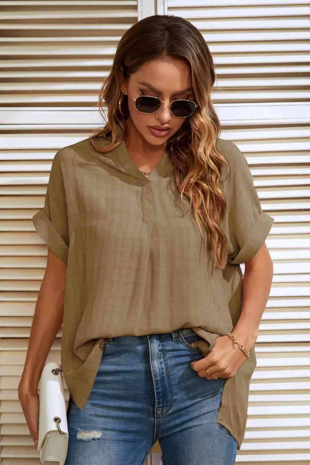 Notched Neck Slit Cuffed Blouse Blouses - Tophatter Daily Deals