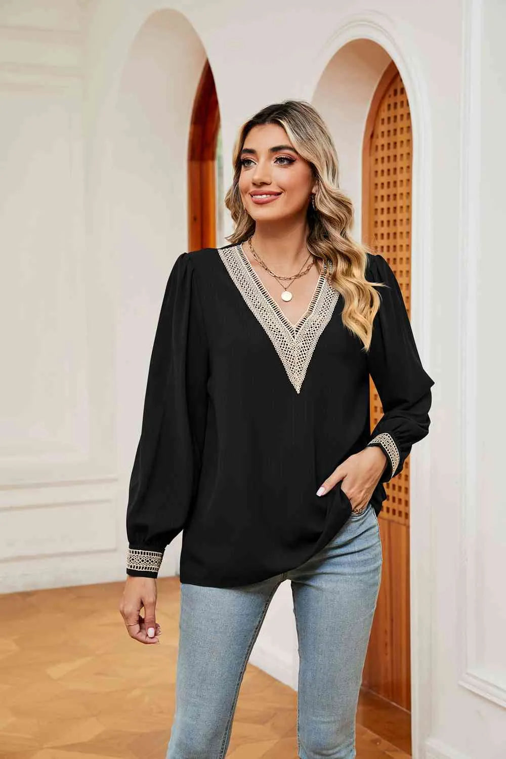 Contrast Puff Sleeve Blouse Black Blouses - Tophatter Daily Deals