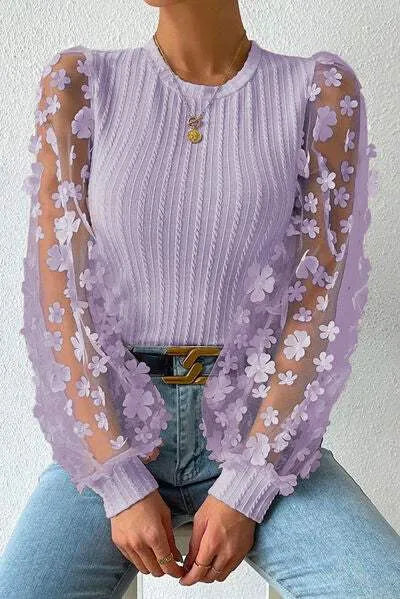 Double Take Textured Applique Long Sleeve Blouse Lavender Blouses - Tophatter Daily Deals