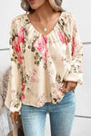 Floral V-Neck Balloon Sleeve Blouse Blouses - Tophatter Daily Deals