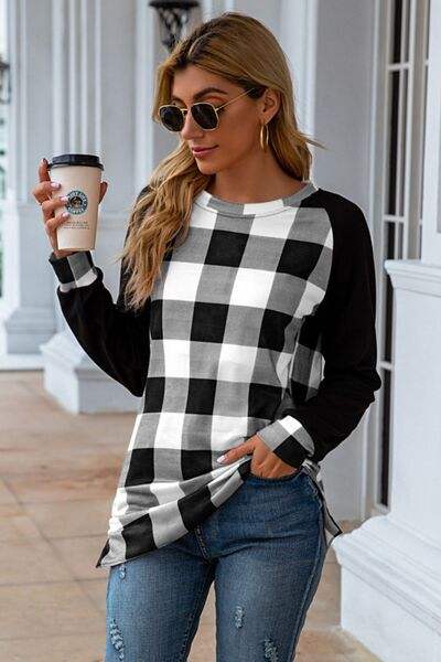 Plaid Round Neck Long Sleeve T-Shirt Women's T-Shirts - Tophatter Daily Deals