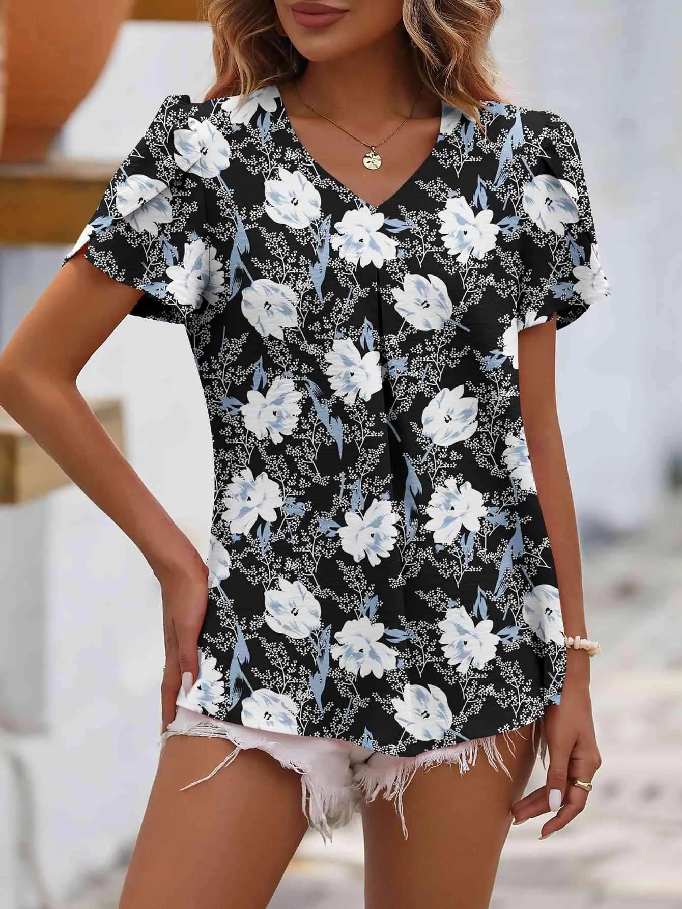 Ruche V-Neck Petal Sleeve Top White Floral Blouses - Tophatter Daily Deals