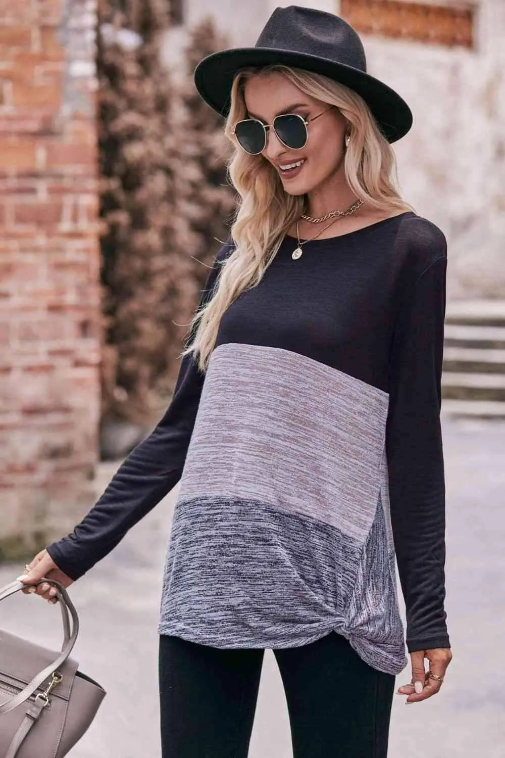 Color Block Twisted Detail Long Sleeve Top Blouses - Tophatter Daily Deals