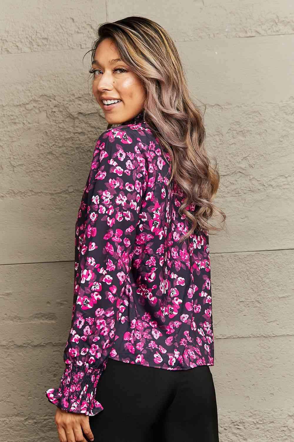 Floral Mock Neck Flounce Sleeve Blouse Blouses - Tophatter Daily Deals