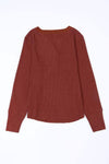 Waffle Knit Buttoned Notched Neck Long Sleeve T-Shirt Women's T-Shirts - Tophatter Daily Deals