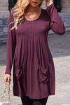 Ruched Pocketed Decorative Button Round Neck T-Shirt Wine Women's T-Shirts - Tophatter Daily Deals