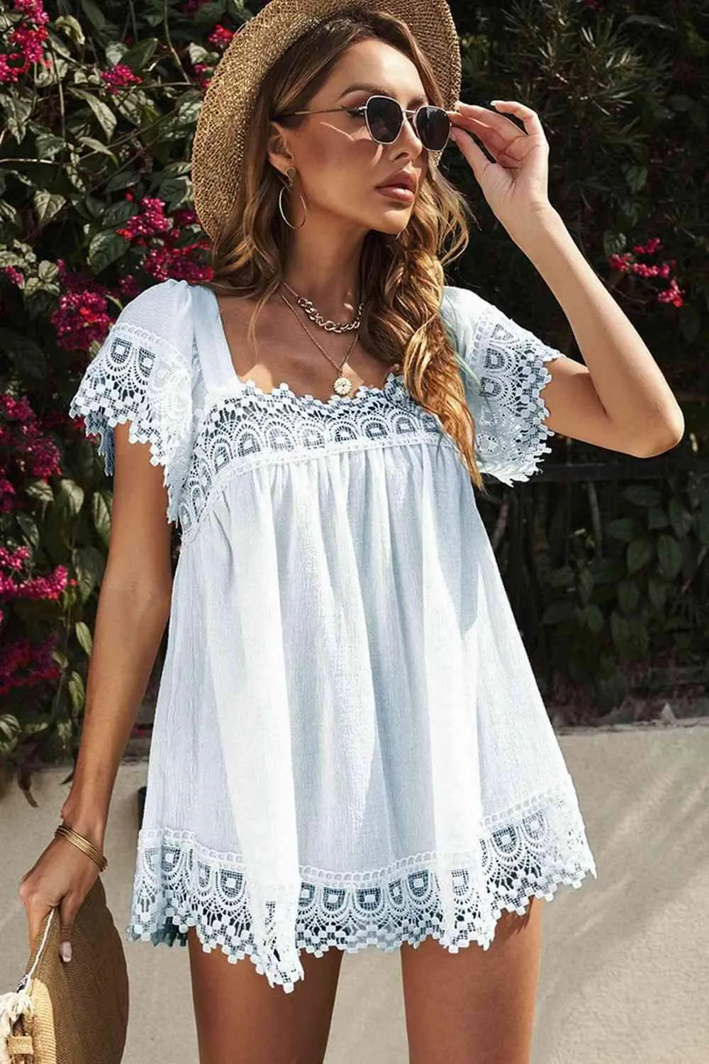 Lace Detail Square Neck Short Sleeve Blouse Blouses - Tophatter Daily Deals