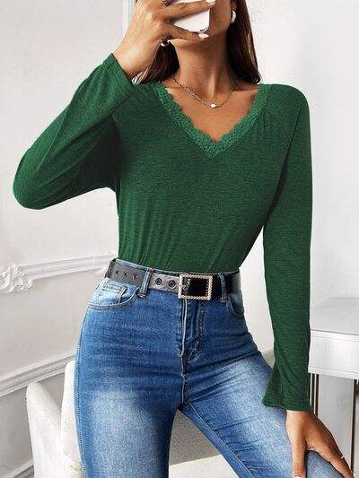 Lace Detail V-Neck Long Sleeve Top Blouses - Tophatter Daily Deals