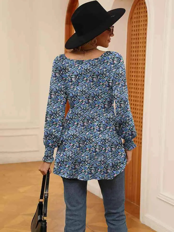 Printed V-Neck Lantern Sleeve Blouse Blouses - Tophatter Daily Deals