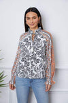 Tassel Tie Neck Printed Smocked Long Sleeve Blouse White Blouses - Tophatter Daily Deals