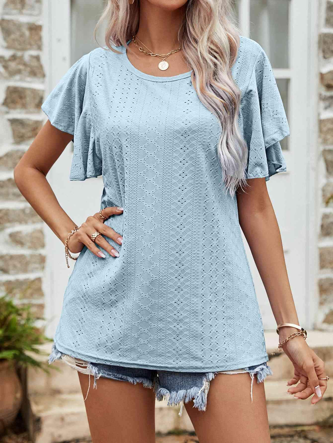 Round Neck Flutter Sleeve Blouse Pastel Blue Blouses - Tophatter Daily Deals