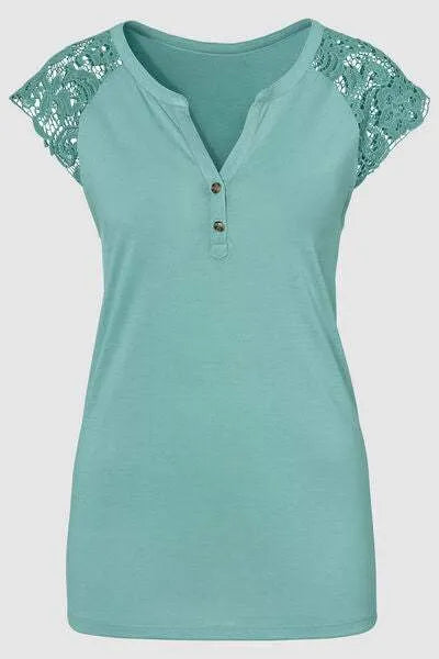 Lace Detail Notched Cap Sleeve T-Shirt Women's T-Shirts - Tophatter Daily Deals