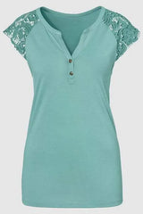 Lace Detail Notched Cap Sleeve T-Shirt Women's T-Shirts - Tophatter Daily Deals