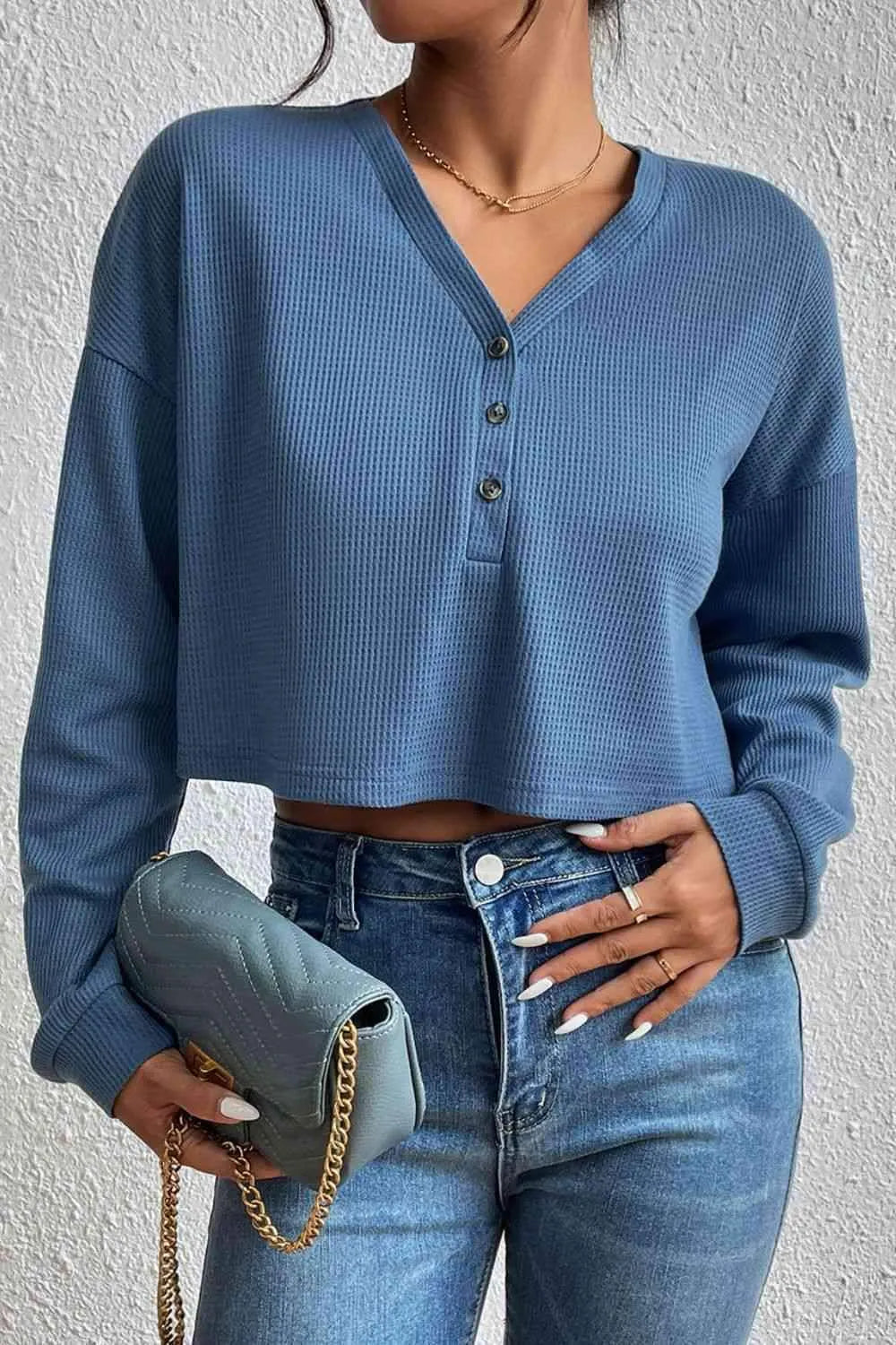 Cropped V-Neck Raglan Sleeve Buttoned Blouse Blouses - Tophatter Daily Deals