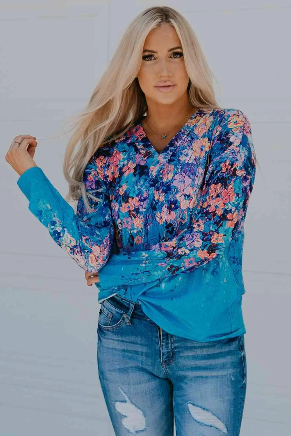 Floral V-Neck Long Sleeve Top Blue 2XL Blouses - Tophatter Daily Deals