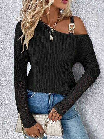 Lace Detail Asymmetrical Neck Long Sleeve T-Shirt Black Women's T-Shirts - Tophatter Daily Deals