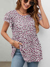 Leopard Round Neck Flutter Sleeve Babydoll Blouse Blouses - Tophatter Daily Deals