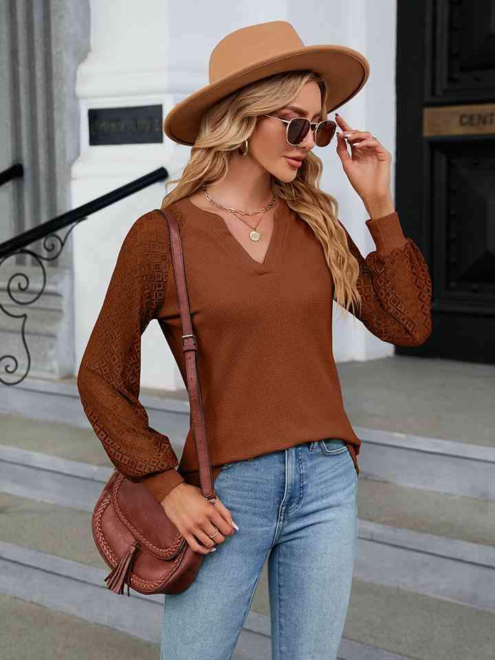 Notched Neck Long Sleeve Blouse Chestnut Blouses - Tophatter Daily Deals