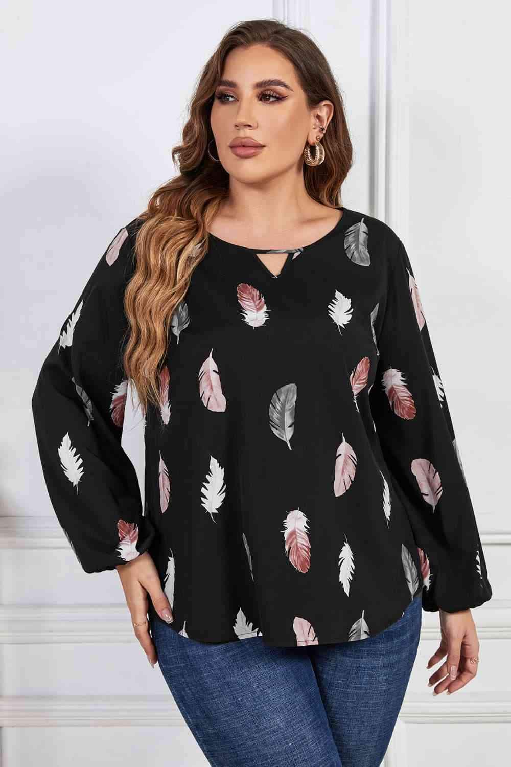 Melo Apparel Plus Size Printed Round Neck Long Sleeve Cutout Blouse Black Blouses - Tophatter Daily Deals